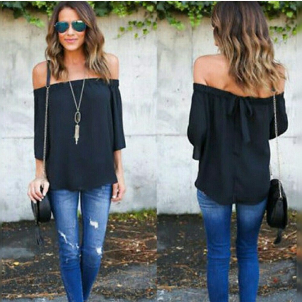 Black chiffon off the shoulder 3/4 sleeve blouse